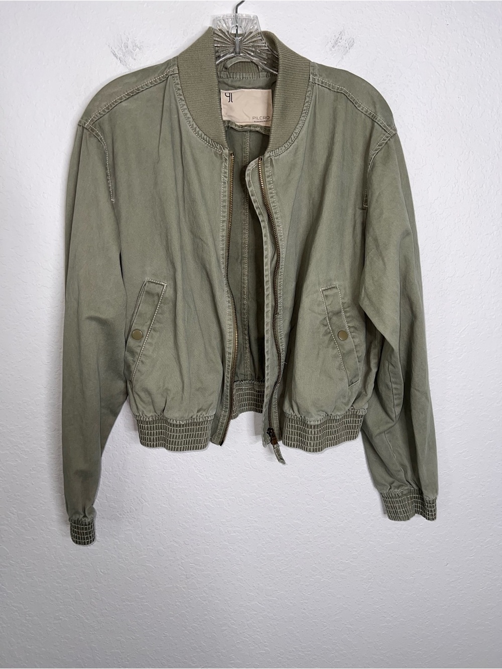 Pilcro Anthropologie Bomber Jacket Women’s Medium Olive Green Crop B26 - Picture 4 of 9